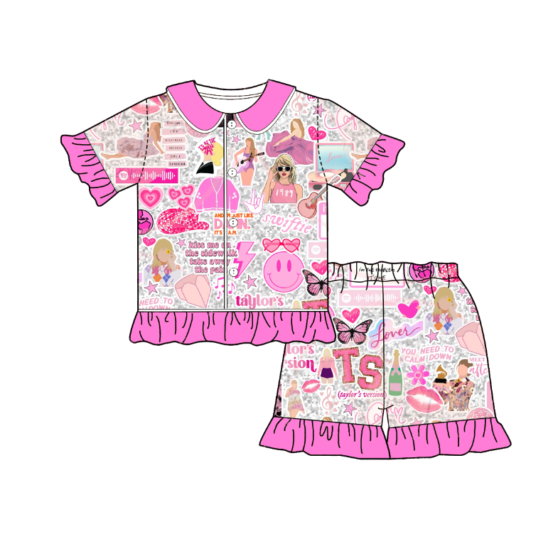 （Pre Order）Girls Summer TS Print Pajamas Ruffled Short Set