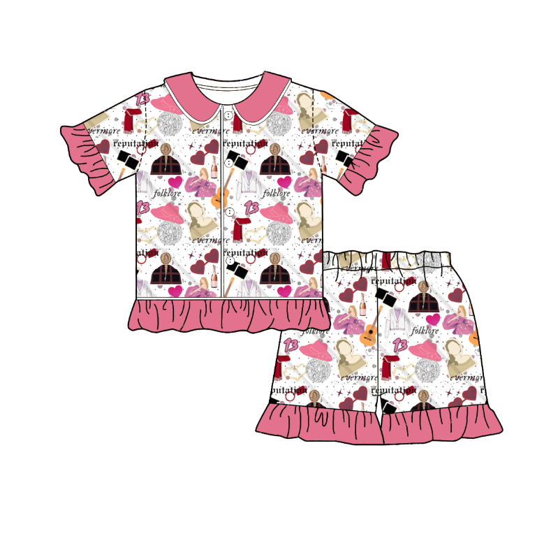 （Pre Order）Girls Summer TS Print Pajamas Ruffled Short Set