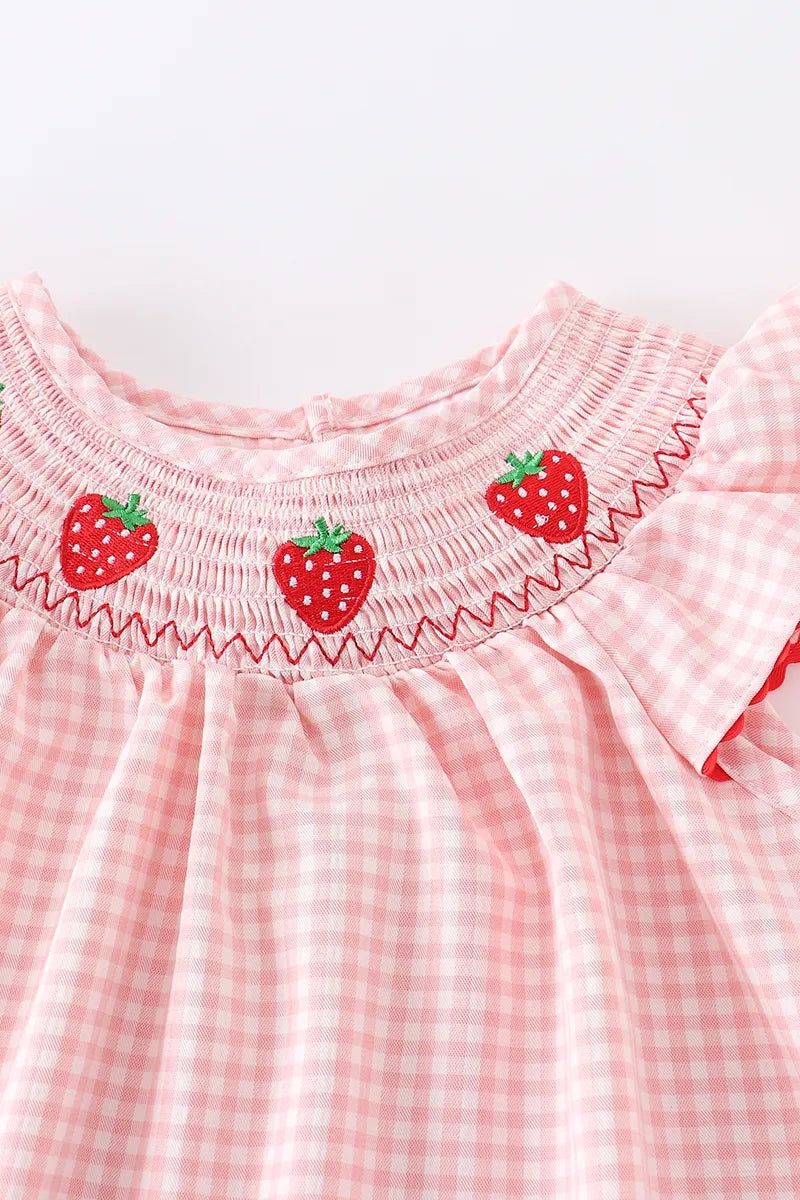 (In Stock E14-1-1)Baby Girls Strawberry Embroidered Plaid Smocked Dress