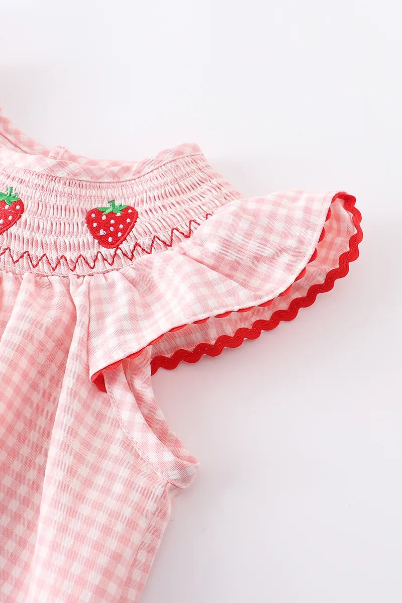 (In Stock E14-1-1)Baby Girls Strawberry Embroidered Plaid Smocked Dress