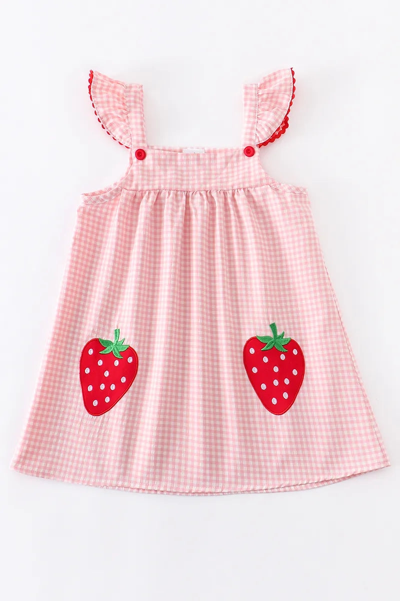 (In Stock E02-01-03)Baby Girls Strawberry Plaid Smocked Slip Dress