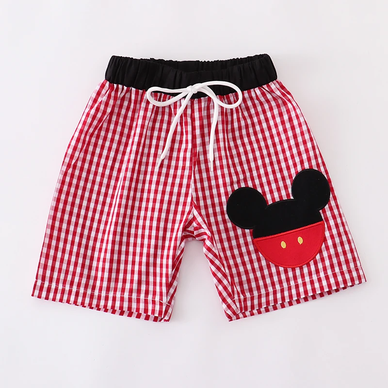 (In Stock Q09-04-02)Boys' Woven Gingham Mickey Embroidered Shorts