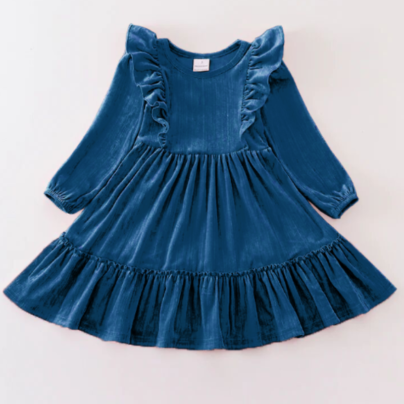 (In Stock E33-3-3)Girls Velvet Navy Ruffles Dress