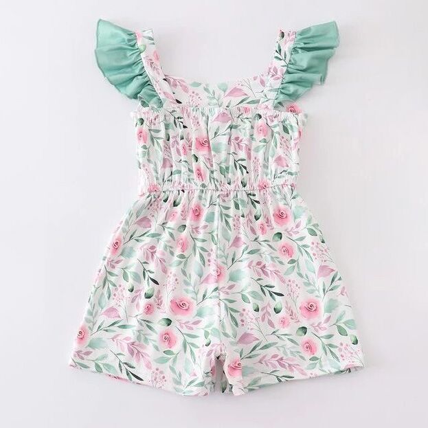 （In Stock E16-3-3）Girls Mint Floral Jumpsuit