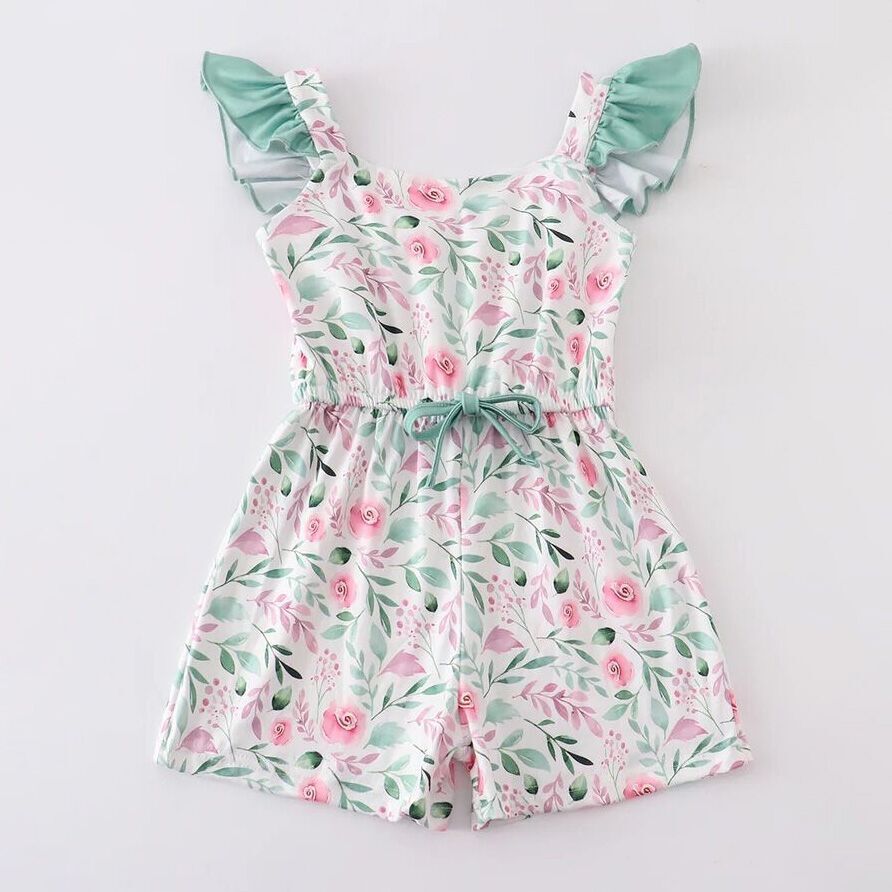 （In Stock E16-3-3）Girls Mint Floral Jumpsuit