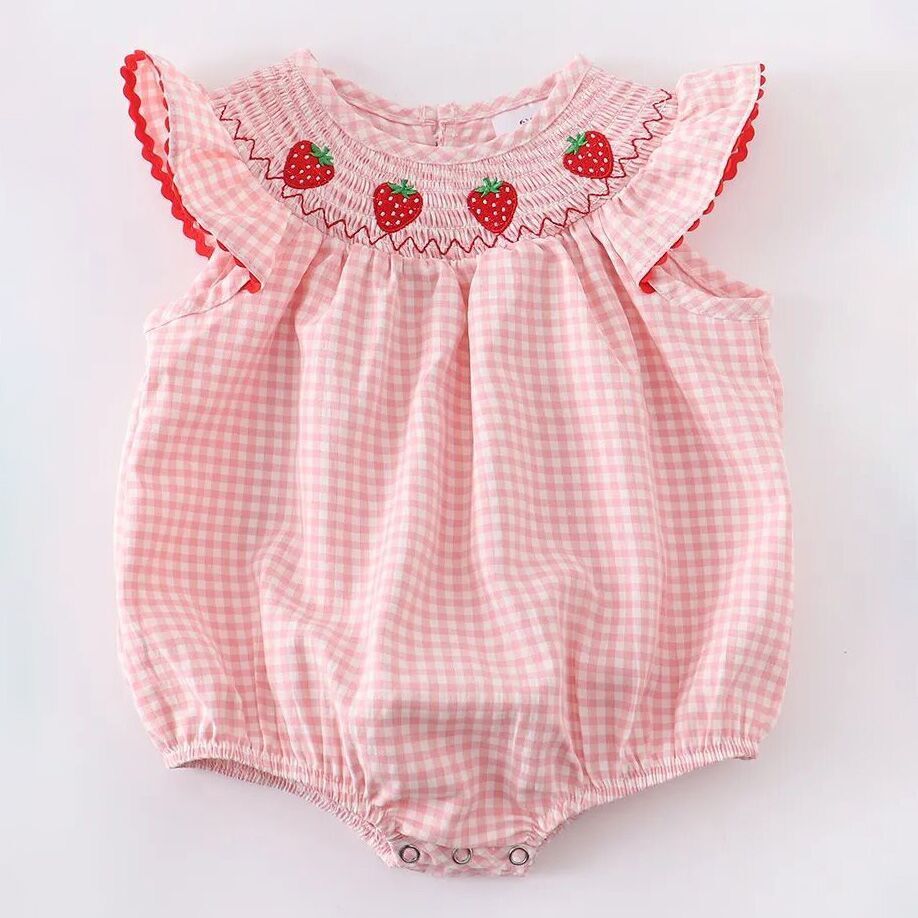 (In Stock E15-03-01)Baby Girls Strawberry Plaid Smocked Romper