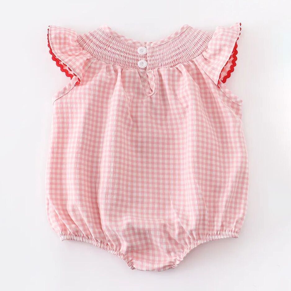 (In Stock E15-03-01)Baby Girls Strawberry Plaid Smocked Romper