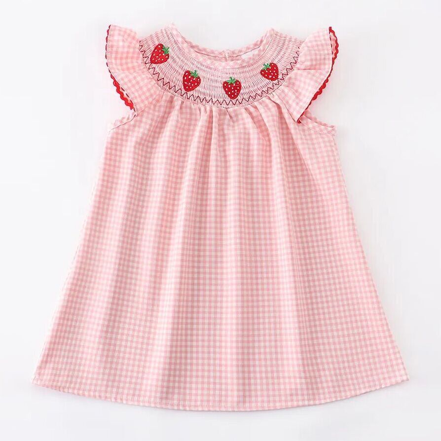 (In Stock E14-1-1)Baby Girls Strawberry Embroidered Plaid Smocked Dress