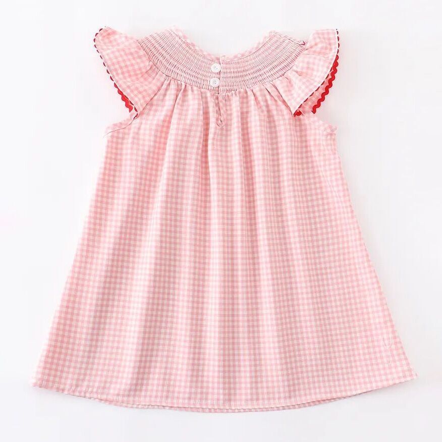 (In Stock E14-1-1)Baby Girls Strawberry Embroidered Plaid Smocked Dress