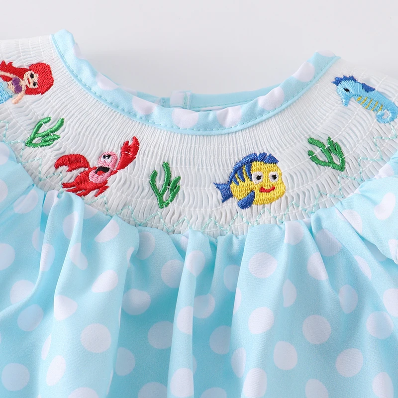 (In Stock L08-03-02)Girls Polka Dot Smocked Mermaid Embroidery Dress