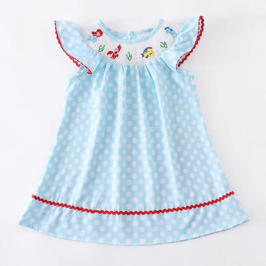 (In Stock L08-03-02)Girls Polka Dot Smocked Mermaid Embroidery Dress