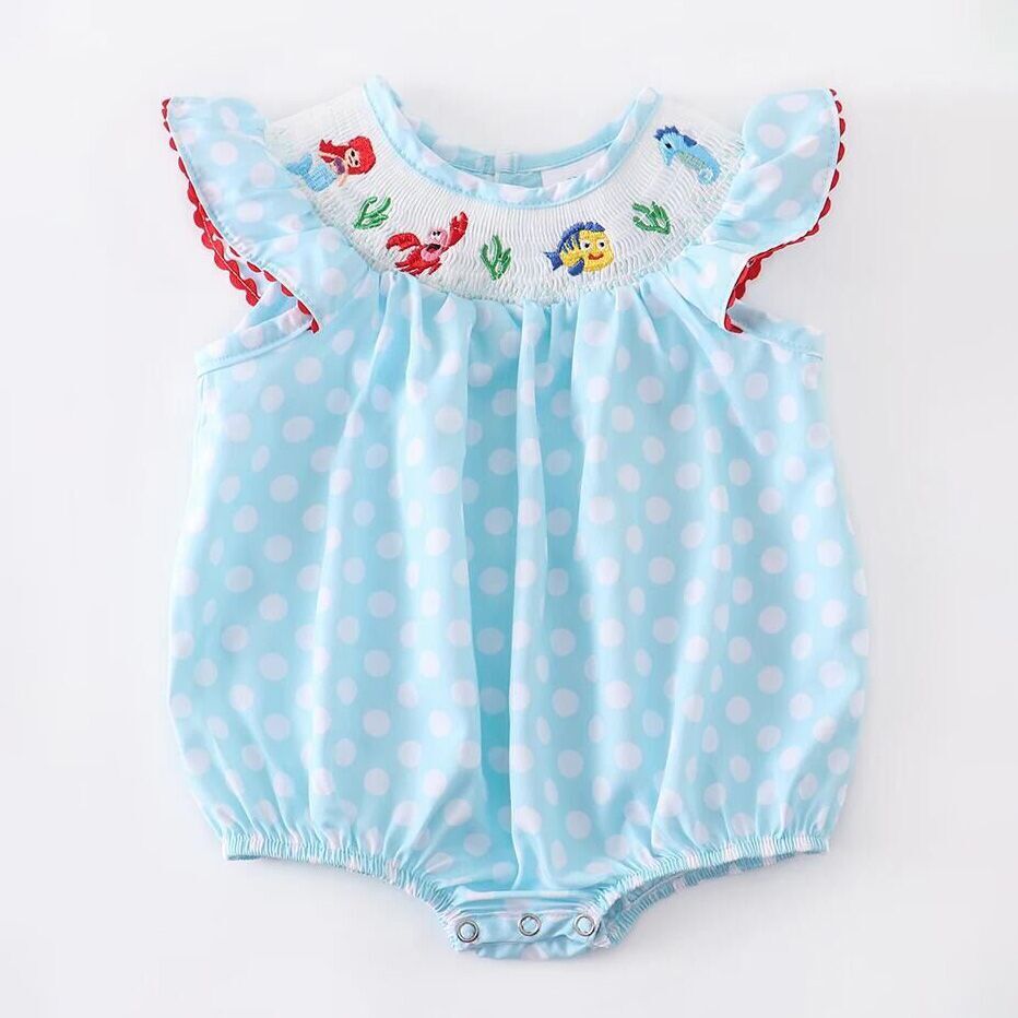 （In Stock G29-4-1）Girls Polka Dot Smocked Mermaid Embroidery Romper