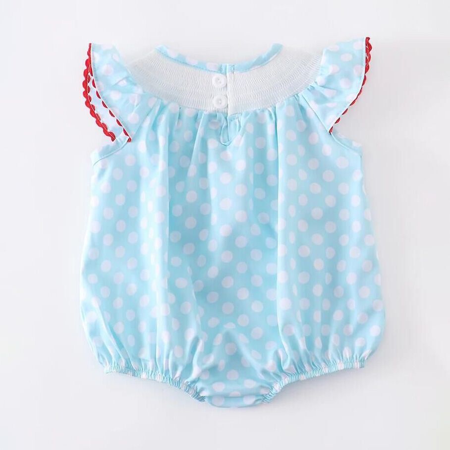 （In Stock G29-4-1）Girls Polka Dot Smocked Mermaid Embroidery Romper