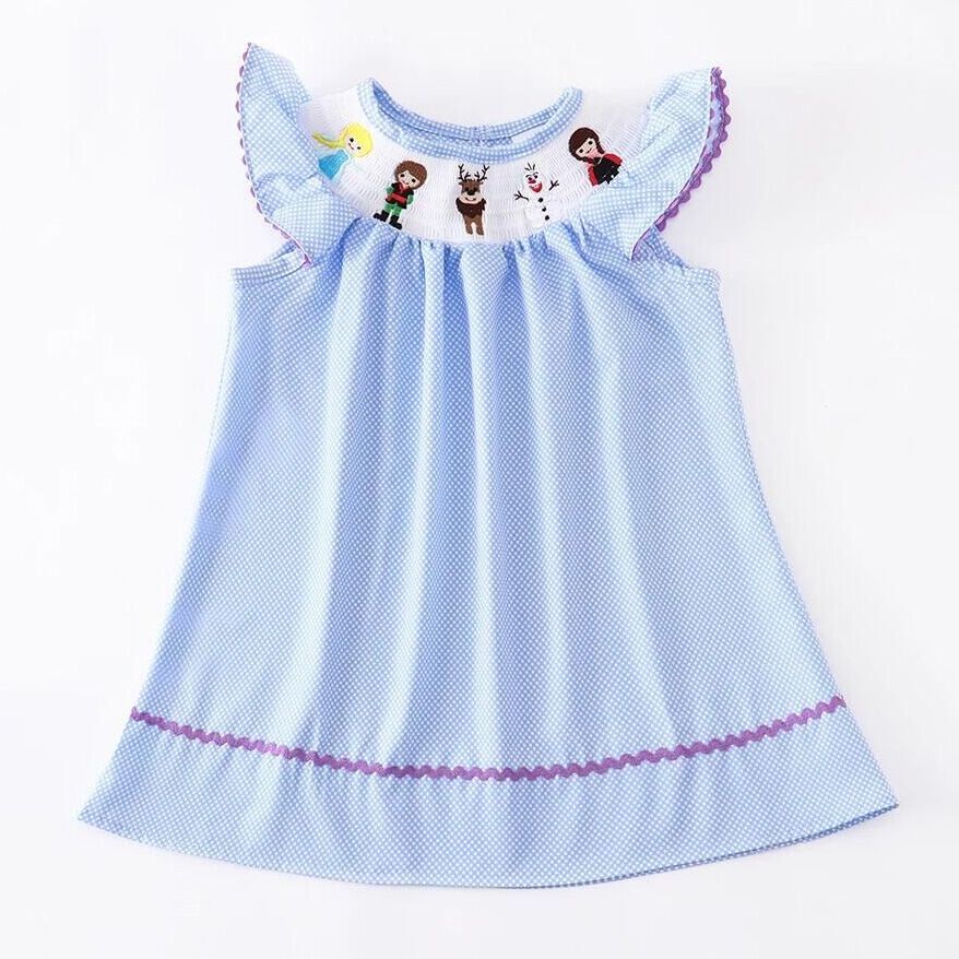 （In Stock G29-3-1）Frozen Embroidered Polka Dot Smocked Dress