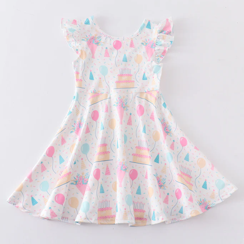 (Pre Order)Girl's Birthday Cake Balloon Print Ruffle Dress