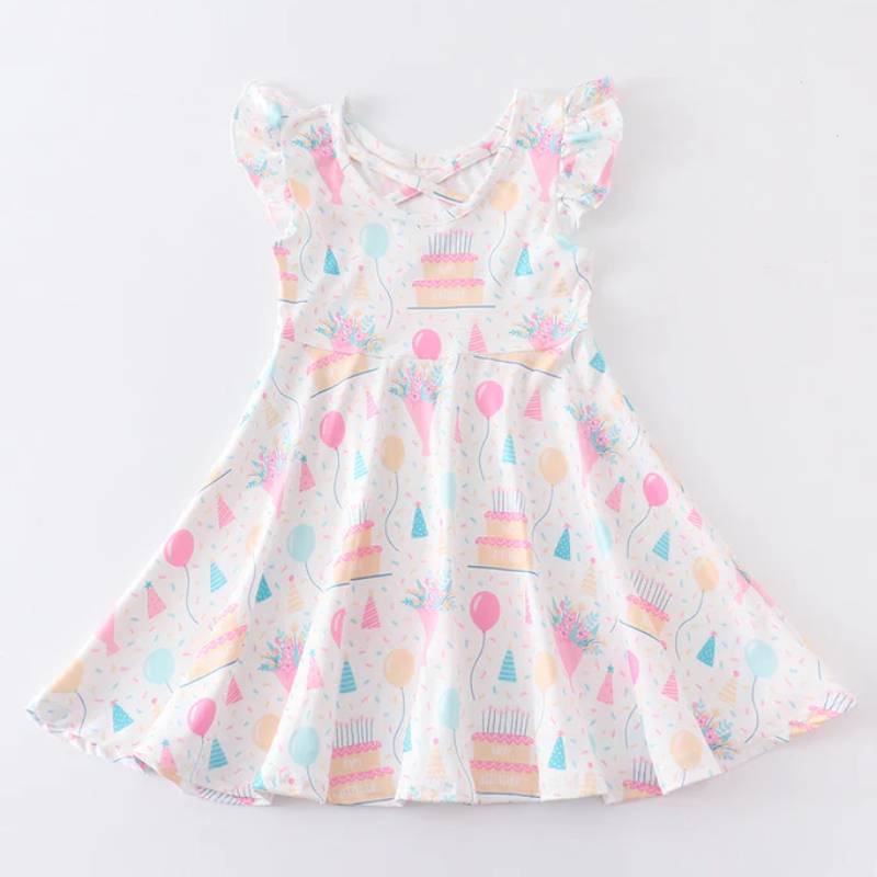 (Pre Order)Girl's Birthday Cake Balloon Print Ruffle Dress