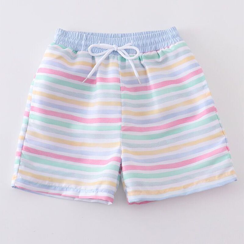 Boys Color Stripes Pocket Swimming Trunks