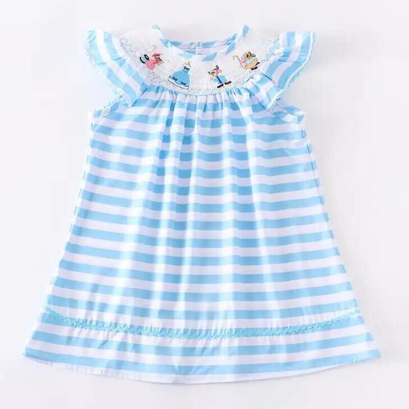 (In Stock Q09-06-01)Girls Stripe Cartoon Embroidery Smocked Dress