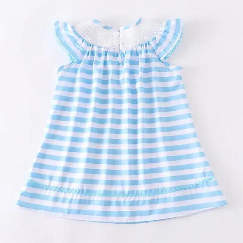 (In Stock Q09-06-01)Girls Stripe Cartoon Embroidery Smocked Dress