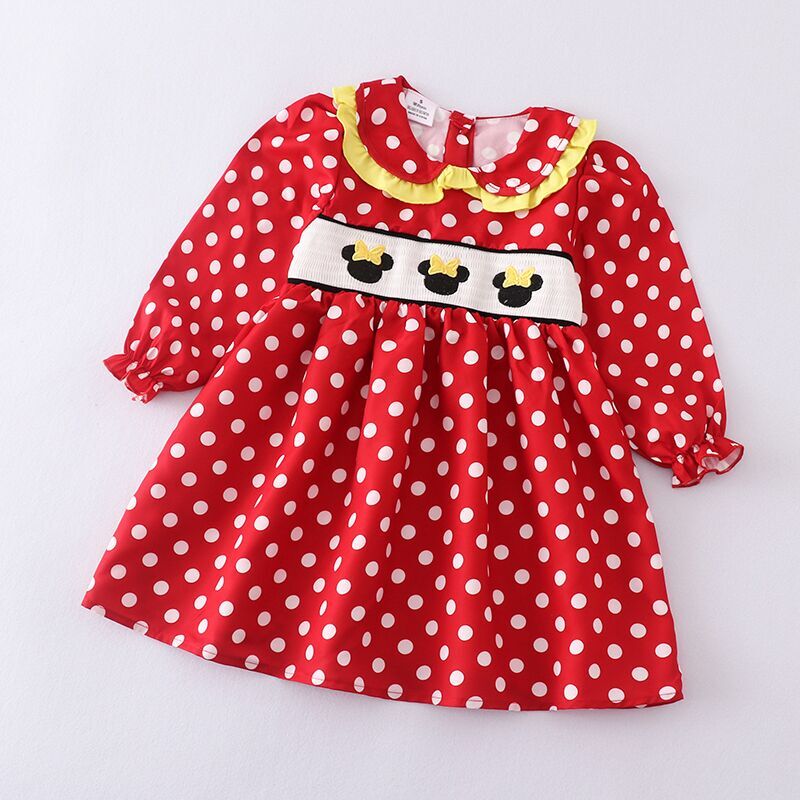 (In Stock Q09-02-02)Girls Red Polka Dot Print Smocked  Dress