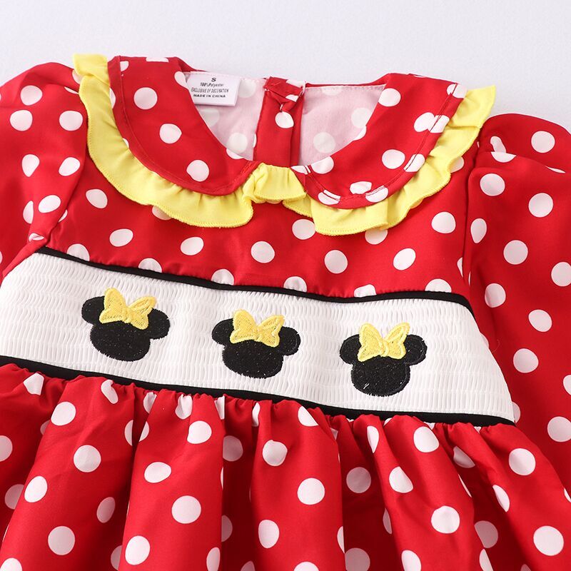 (In Stock Q09-02-02)Girls Red Polka Dot Print Smocked  Dress