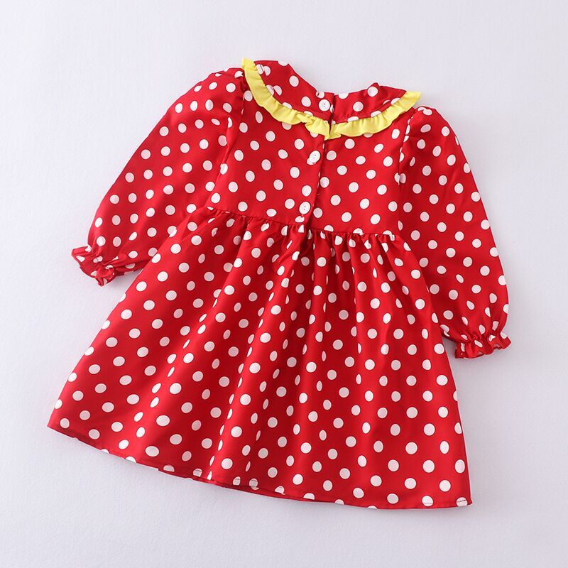 (In Stock Q09-02-02)Girls Red Polka Dot Print Smocked  Dress