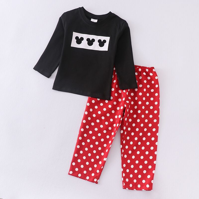 (In Stock Q08-05-02)Boys Red Polka Dot Print Smocked Pants Set