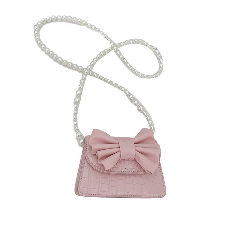 （Pre Order）Girls Pearl Chain Fashion Bow Crossbody Bag