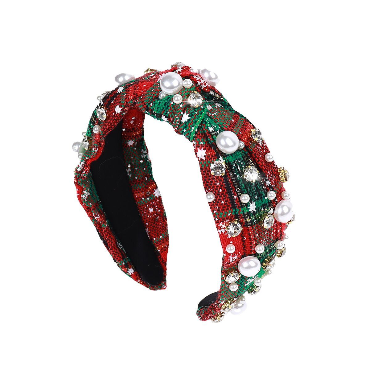 （Pre Order）Stylish Christmas Pearl Rhinestone Plaid Headband