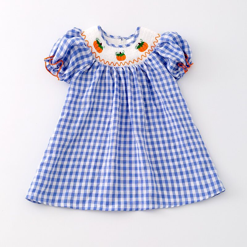 （In Stock G29-2-1）Girls Halloween Blue Plaid Embroidery Dress