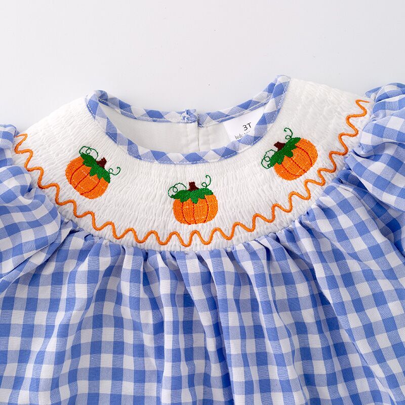 （In Stock G29-2-1）Girls Halloween Blue Plaid Embroidery Dress