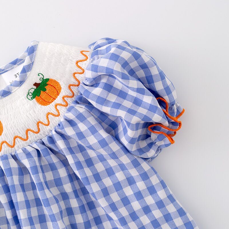 （In Stock G29-2-1）Girls Halloween Blue Plaid Embroidery Dress