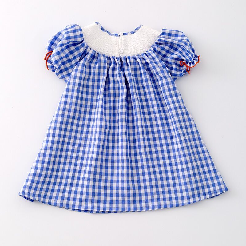 （In Stock G29-2-1）Girls Halloween Blue Plaid Embroidery Dress