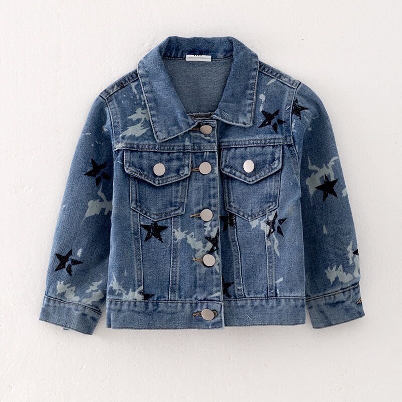 （In Stock E27-3-1）Girls Fall Star Print Blue Denim Jacket