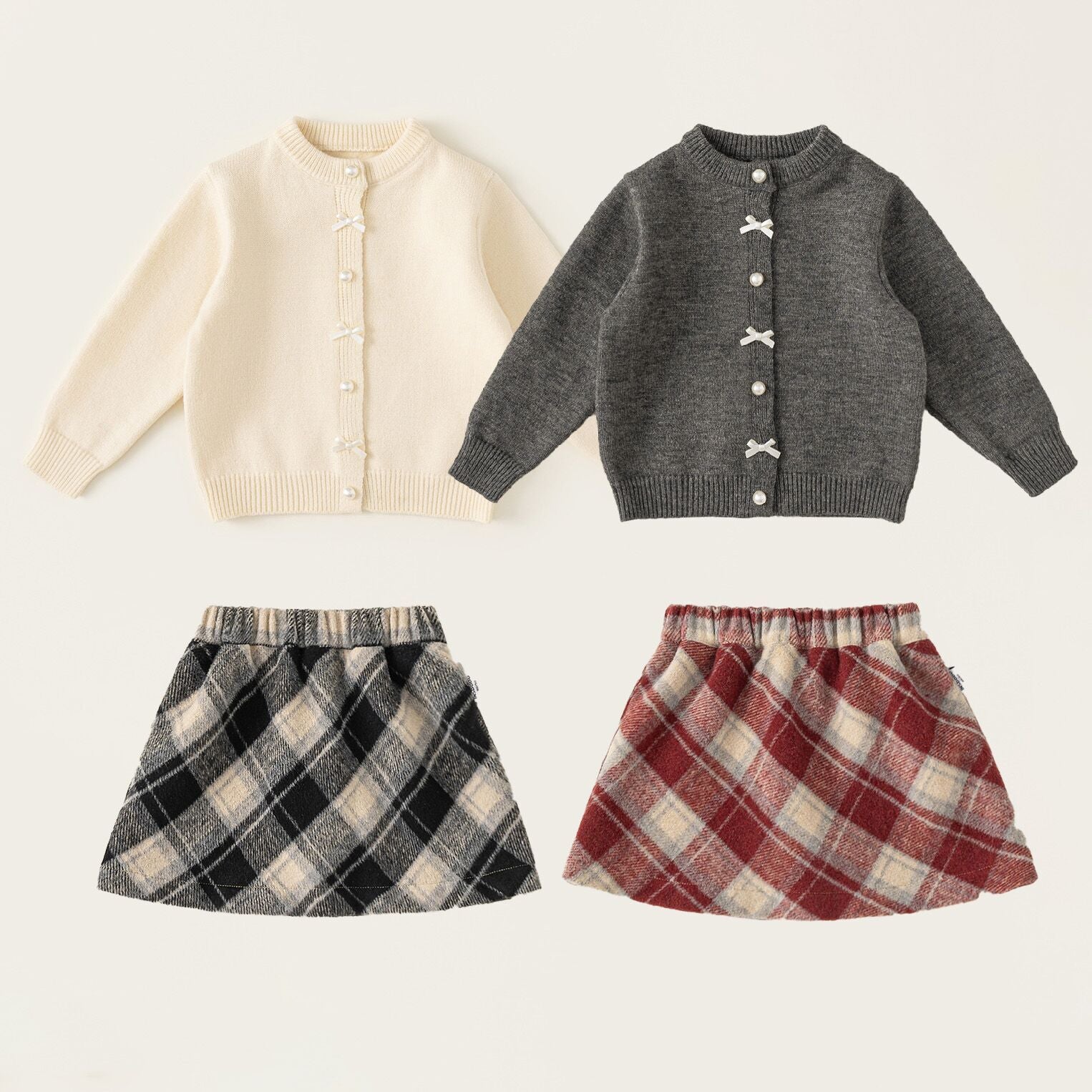 （Pre Order）Girls Bow Sweater Cardigan and Plaid Skirt