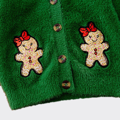 （In Stock A06）Girls Christmas Gingerbread Man Sequin Applique Cardigan and Denim Skirt