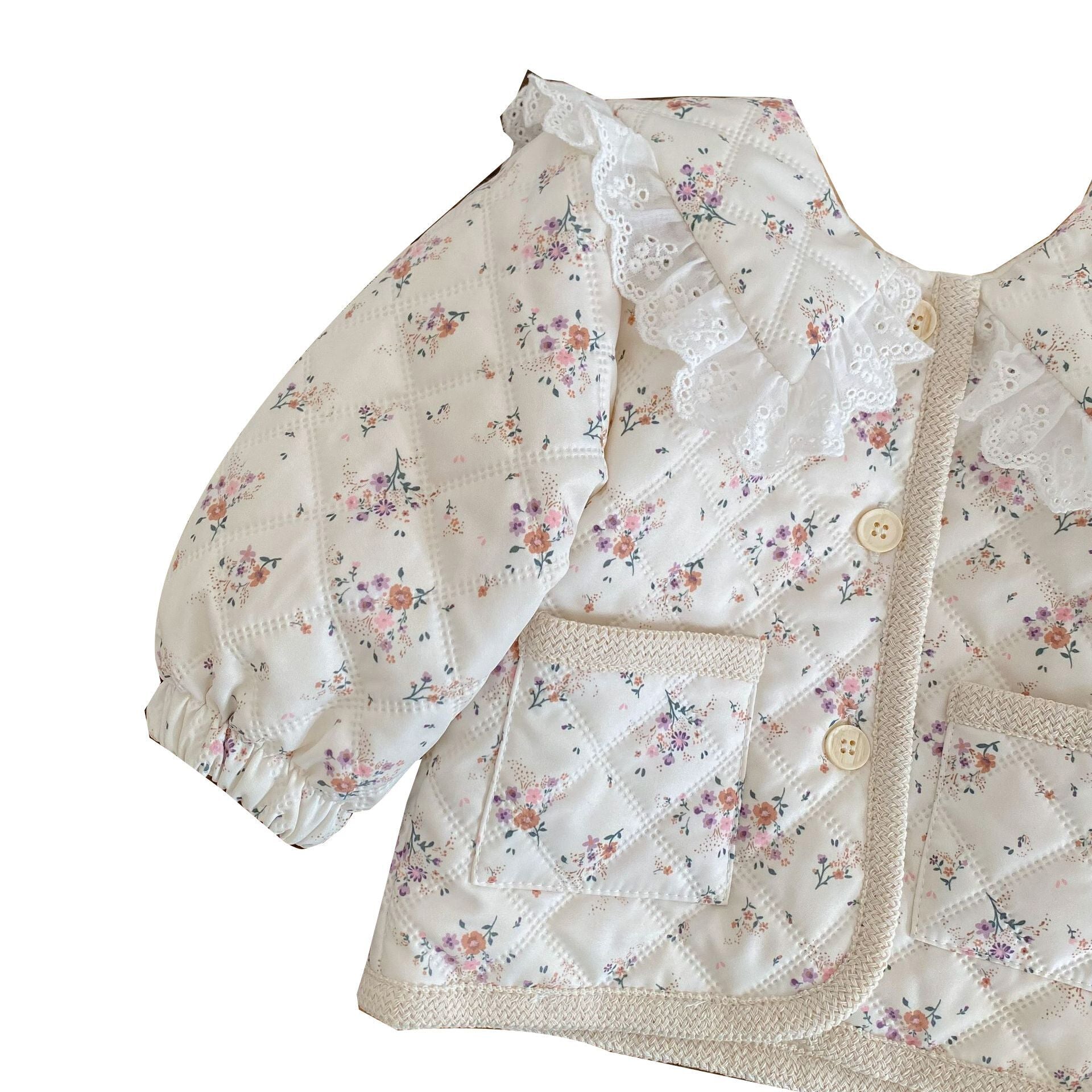 （Pre Order）Girls Floral Coat with Flannelette Border Lapel