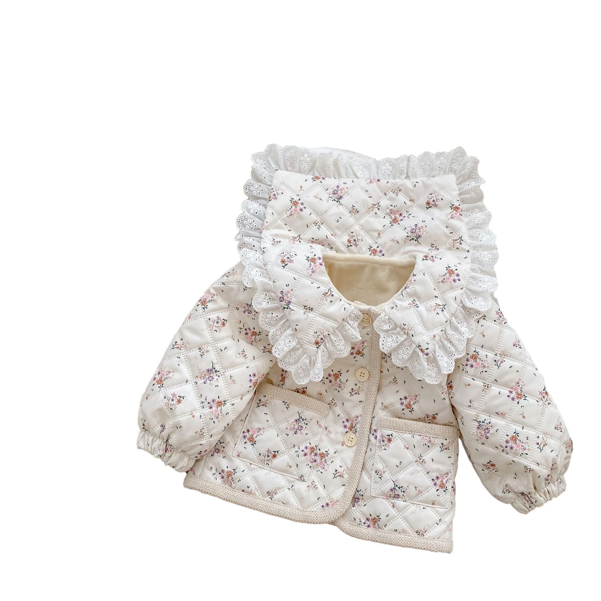 （Pre Order）Girls Floral Coat with Flannelette Border Lapel