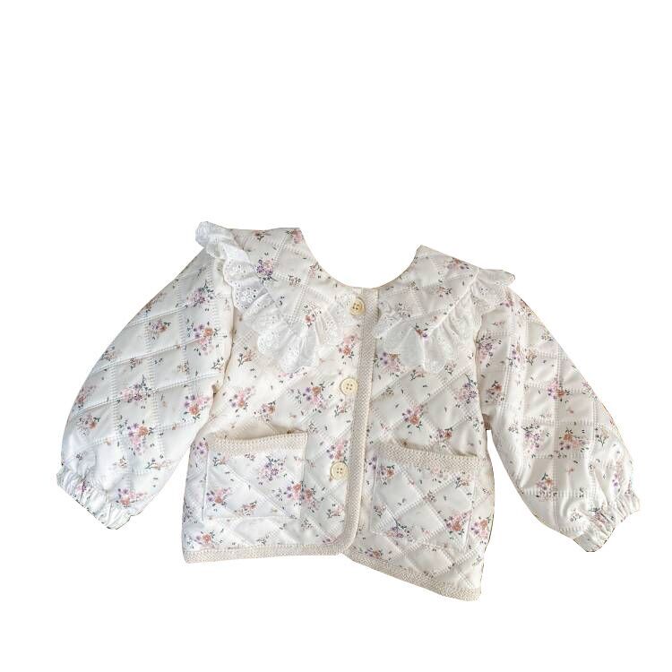 （Pre Order）Girls Floral Coat with Flannelette Border Lapel