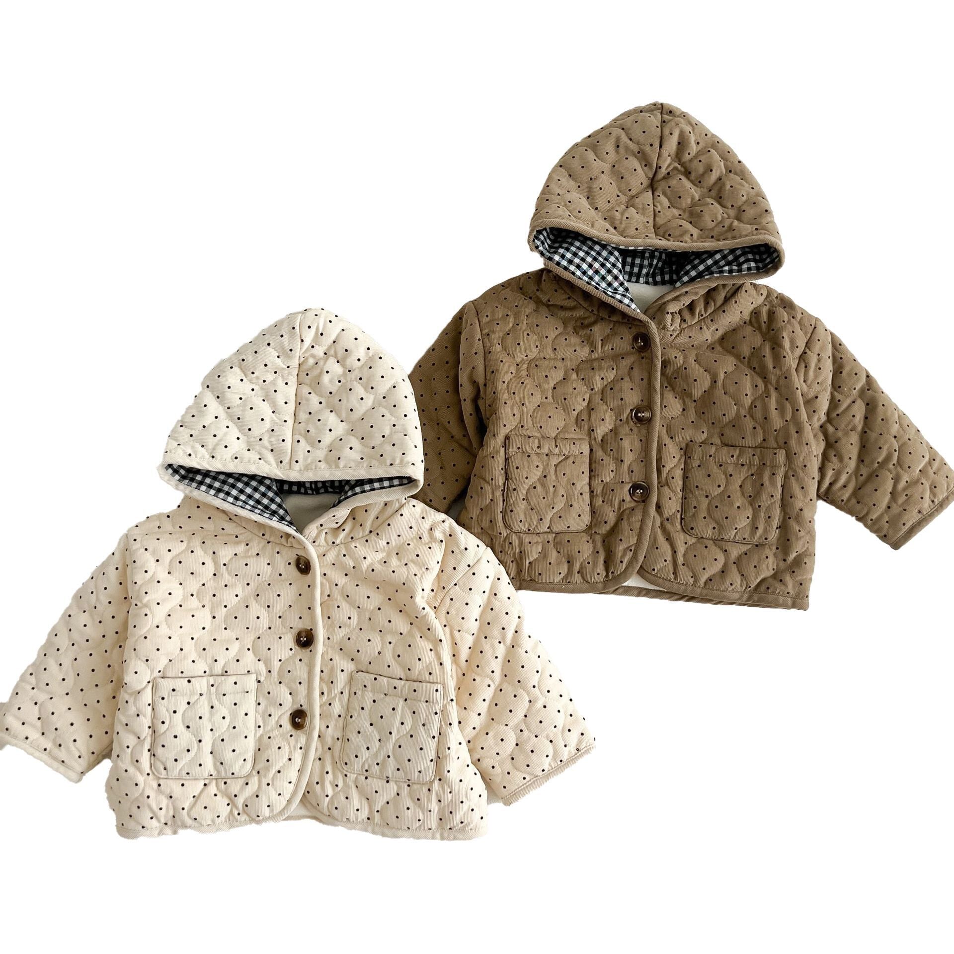 （Pre Order）Kids Polka Dot Corduroy Hooded Coat