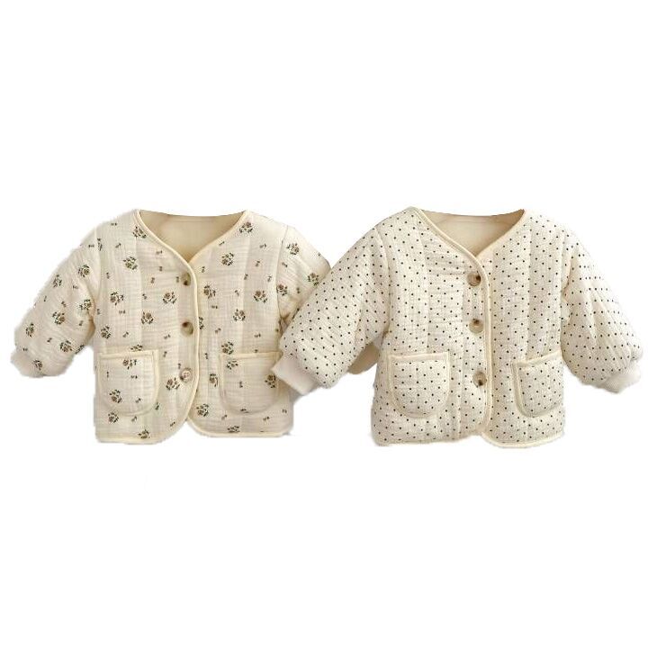 （Pre Order）Girls V-neck Floral Polka-dotted Cotton Jacket and Pants