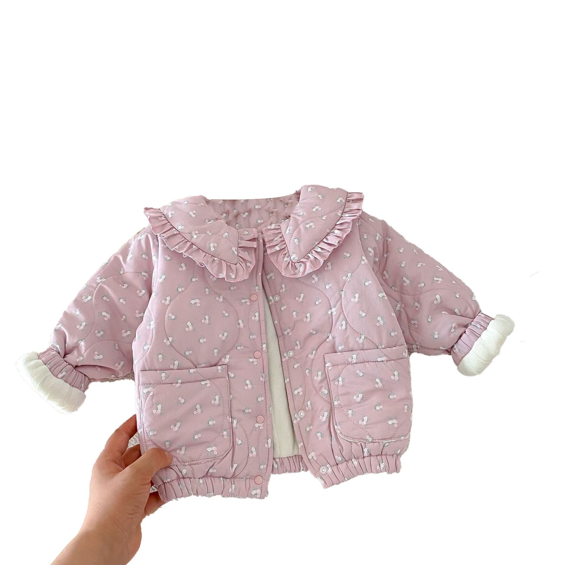 （Pre Order）Girls Floral Lapel Cardigan Thickened Coat