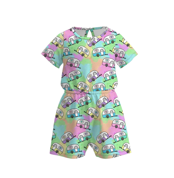 （Pre Order）Girls Spring and Summer Camping Print Jumpsuit