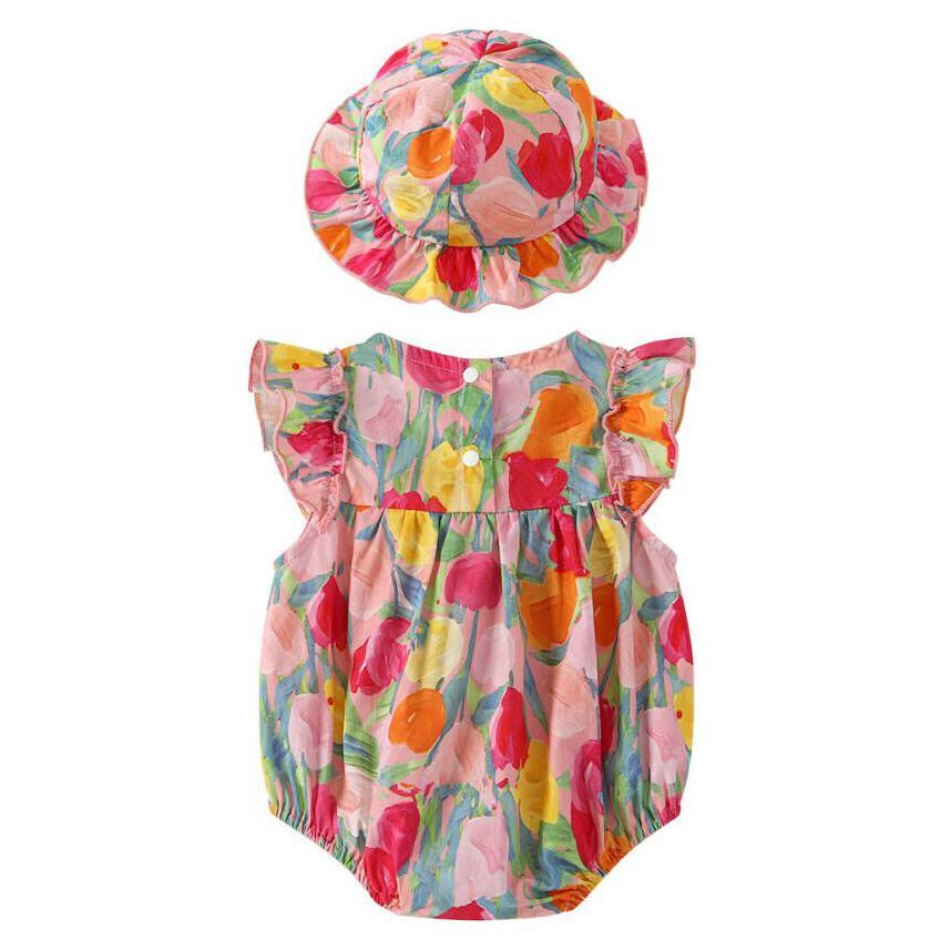 （Pre Order）Toddler Girls Spring and Summer Tulip Print Romper with Hat