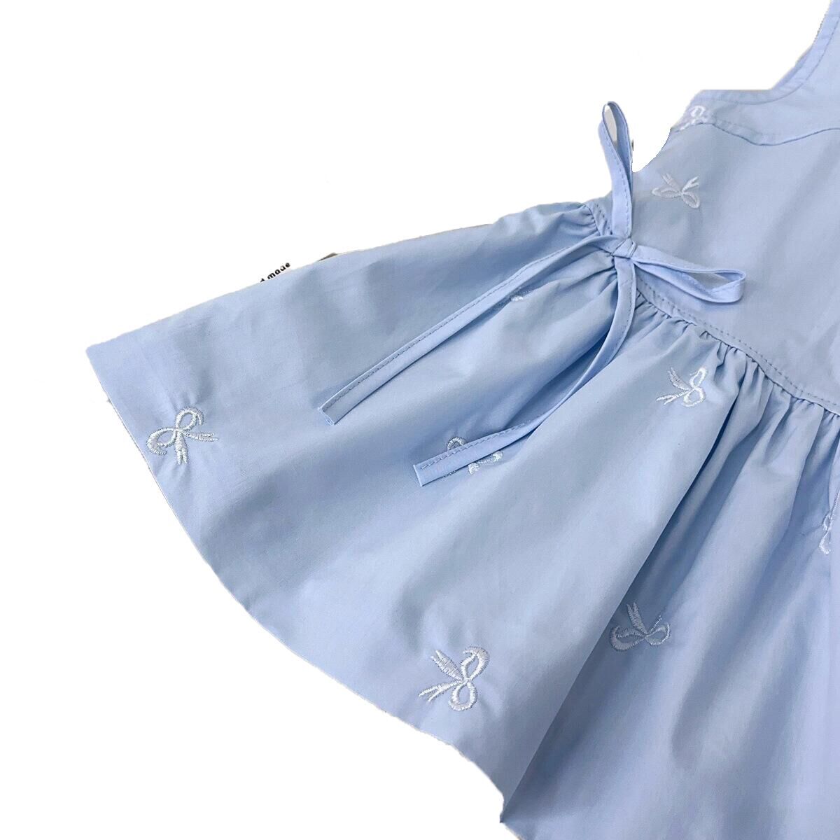 （Pre Order）Girls Spring and Summer Light Blue Bow Embroidery Dress