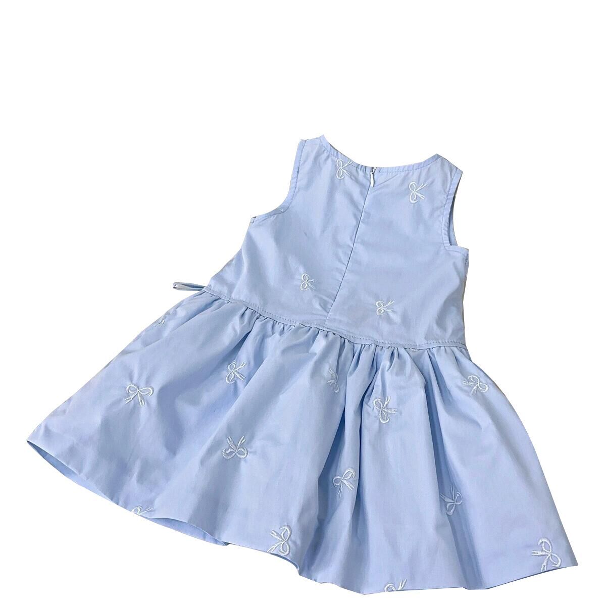 （Pre Order）Girls Spring and Summer Light Blue Bow Embroidery Dress