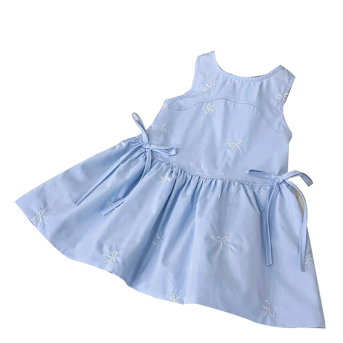 （Pre Order）Girls Spring and Summer Light Blue Bow Embroidery Dress