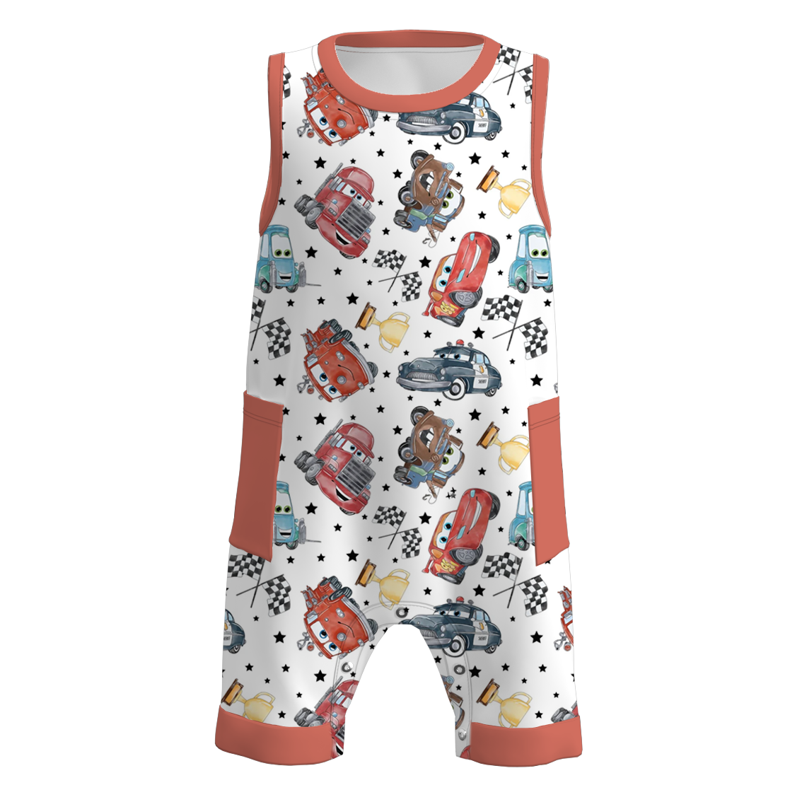 （Pre Order）Boys Summer Cars Pixar Print Pocket Sleeveless Romper