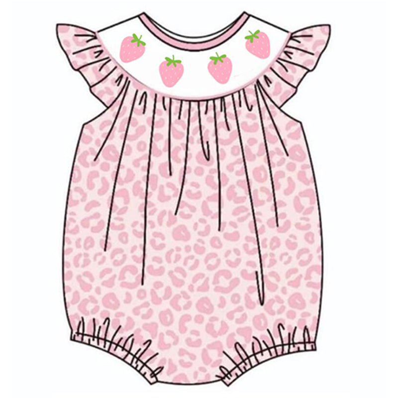 (Pre Order) Girls Summer Strawberry Pink Leopard Smocked Embroided Romper