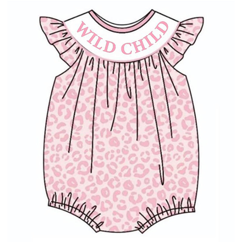 (Pre Order) Girls Summer Strawberry Pink Leopard Smocked Embroided Romper